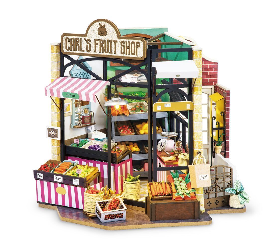 Robotime - DIY Miniaturhaus - Carl's Fruit Shop (DIY House - 23.8 x 19.7 x 23 cm) Karl's Obstladen (Holzbausatz)